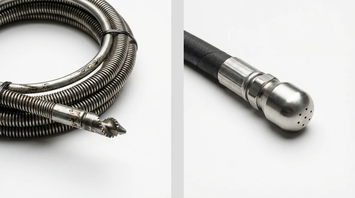 Drain snake cable and hydro jetting nozzle used for drain cleaning in Pleasant Hill, OH