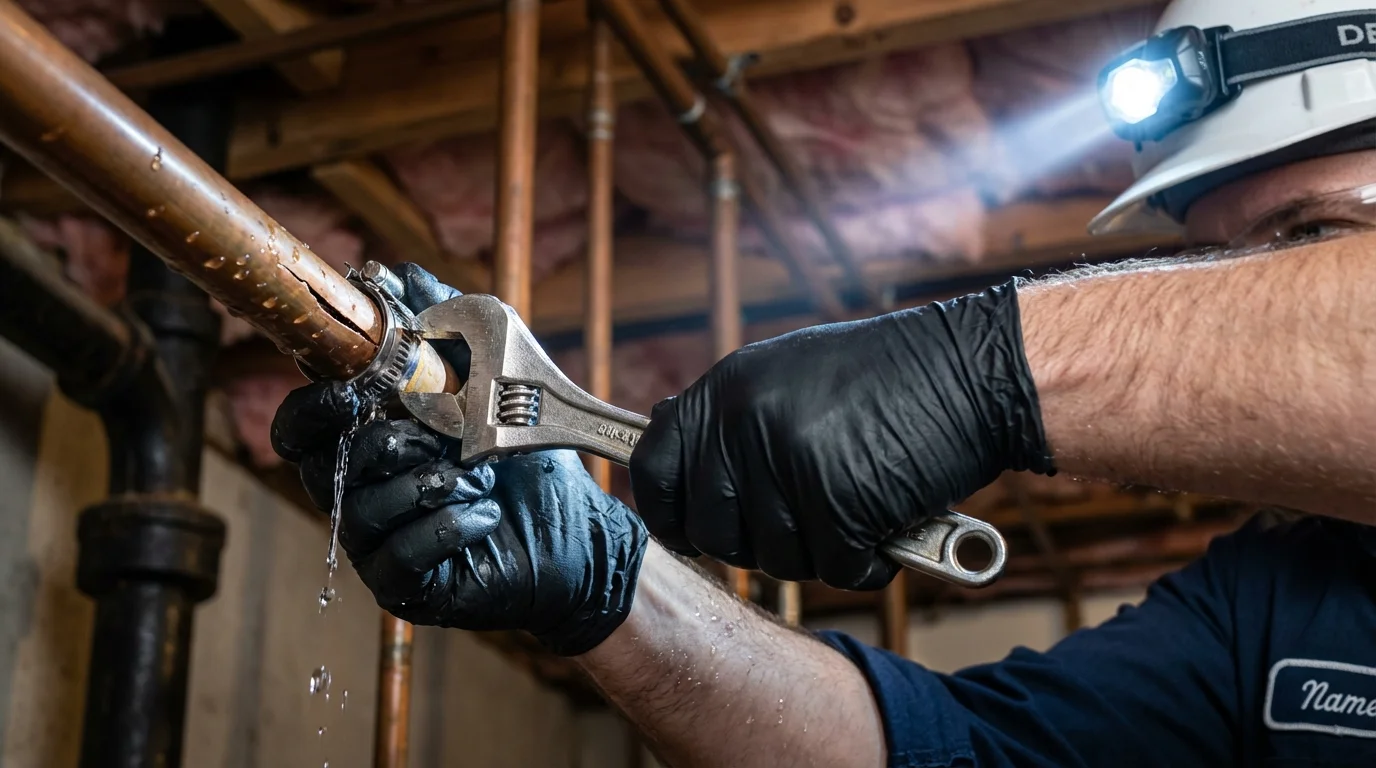 Emergency pipe clamp repair being performed by a Johns Plumbing LLC plumber in Pleasant Hill