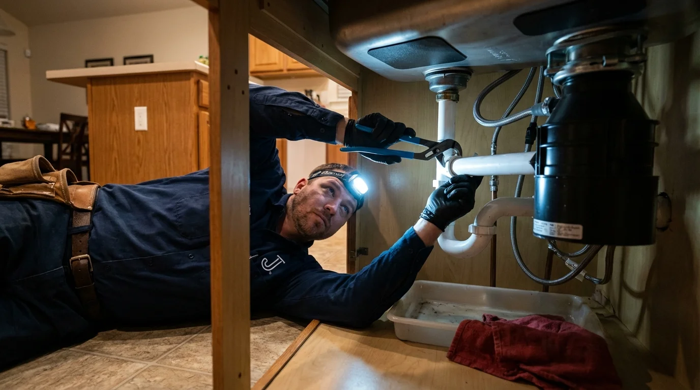 P-trap and supply line connections under a kitchen sink showing a common leak point in Pleasant Hill, OH